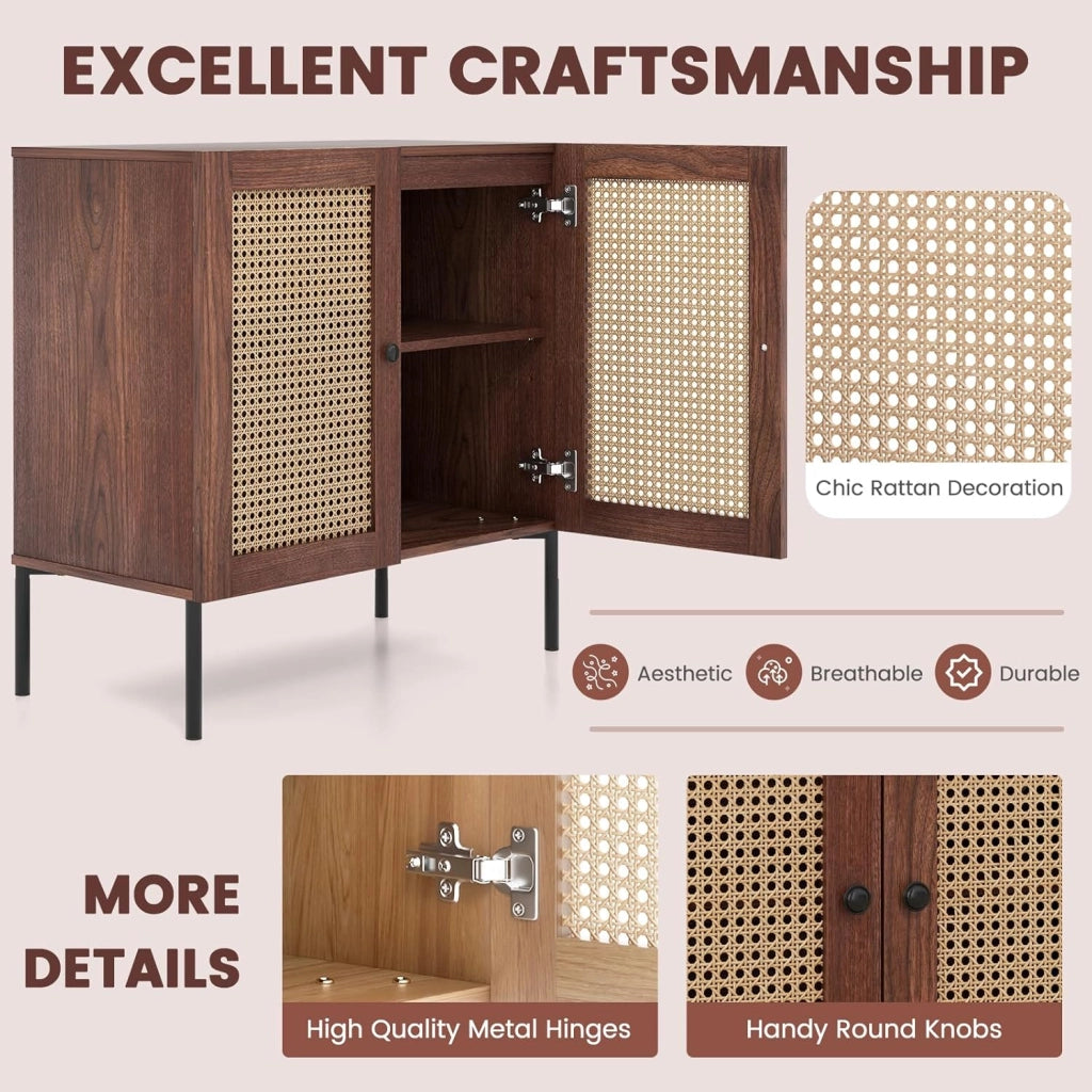 Credenza, credenza, credenza, credenza da cucina, con 2 ante e scomparti regolabili, armadietto a buffet, in legno e rattan, 80 cm x 40 cm x 80 cm (marrone)
