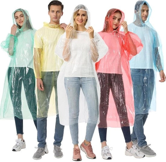 Set di 5/10 poncho da pioggia da buttare, poncho acqua-tetra per emergenze, unisex, leggero con cappuccio e maniche - Ideale per attività all'aperto