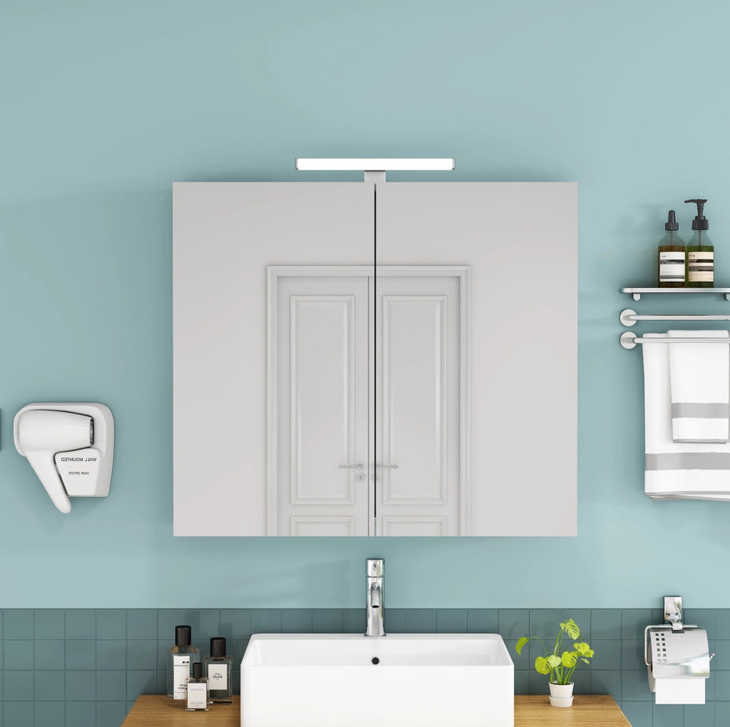 Armadietto a specchio da parete 80 cm a 2 ante con LED e presa francese; bianco