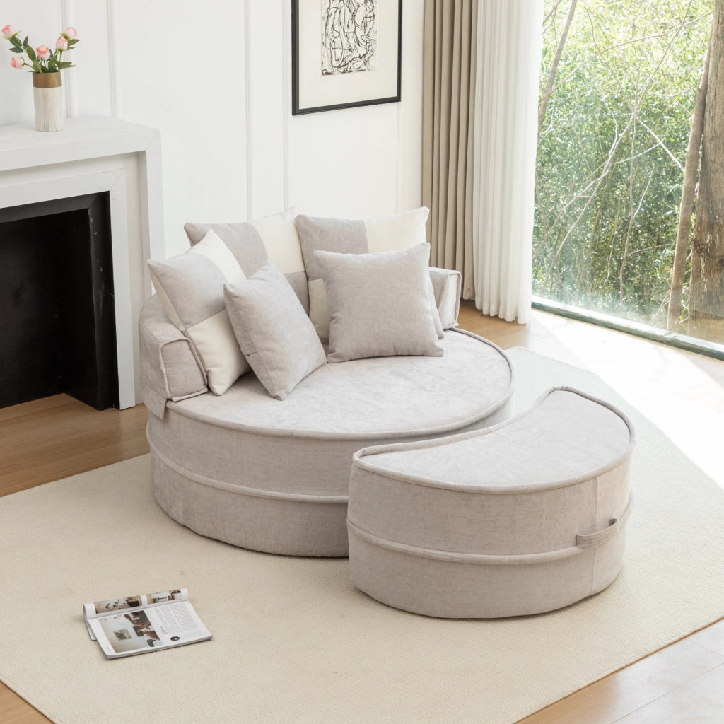 Poltrona rotonda senza montaggio con ottomana e 5 cuscini in schiuma chenille grigio per soggiorno 121 × 107 cm