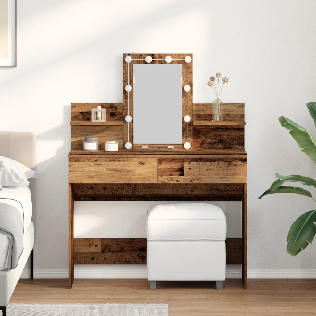 Tavolo da trucco con specchio e luci LED in legno vecchio e legno ingegnerizzato