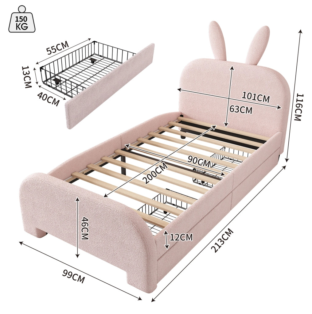 Letto 90x200 cm con 2 cassetti; testiera a coniglio; MDF e tessuto peluche rosa