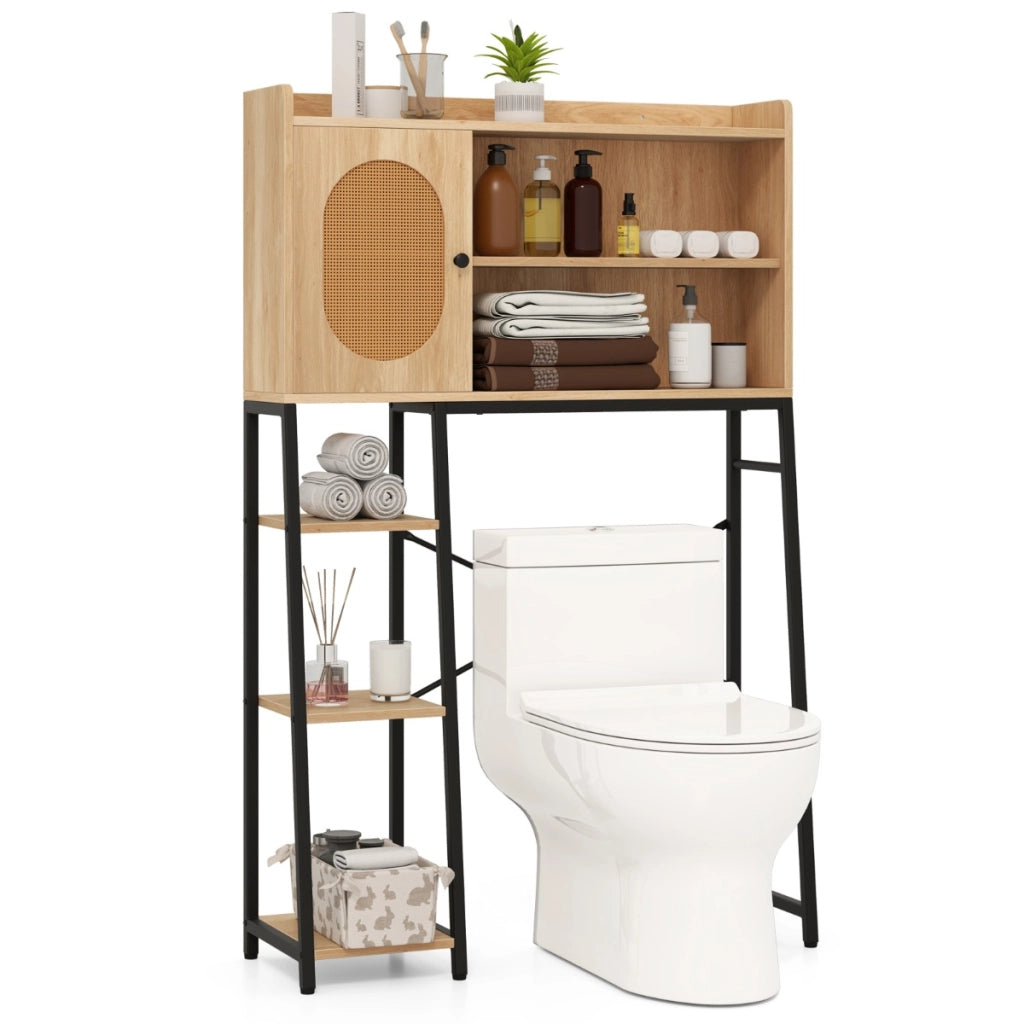 Mobile?sopra il WC con porta in rattan ripiani di stoccaggio aperti-Organizzatore per bagno in metallo Naturale