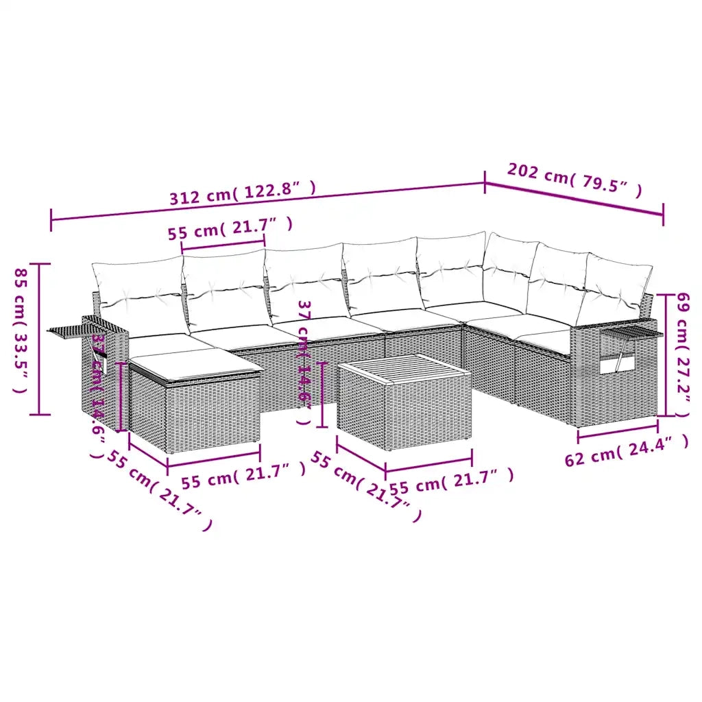 Set Divani da Giardino 9 pz con Cuscini Nero in Polyrattan 3224699