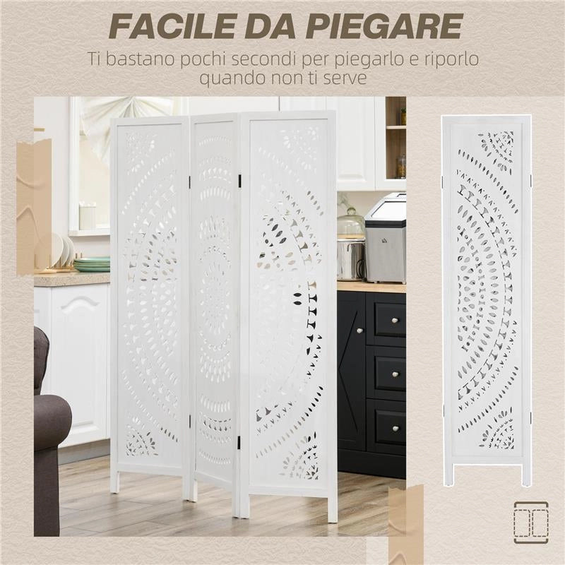SEPARÈ PARAVENTO DA INTERNI PIEGHEVOLE A 3 PANNELLI IN LEGNO INTAGLIATO 120X170 CM BIANCO