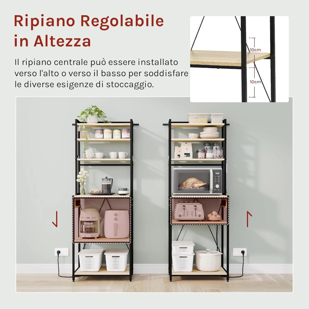 Scaffale da Cucina a 6 Livelli con Prese di Corrente, Scaffale per Microonde con Struttura in Metallo e Piano di Lavoro Aperto, Nero+Rovere Chiaro, 60x39,5x167cm