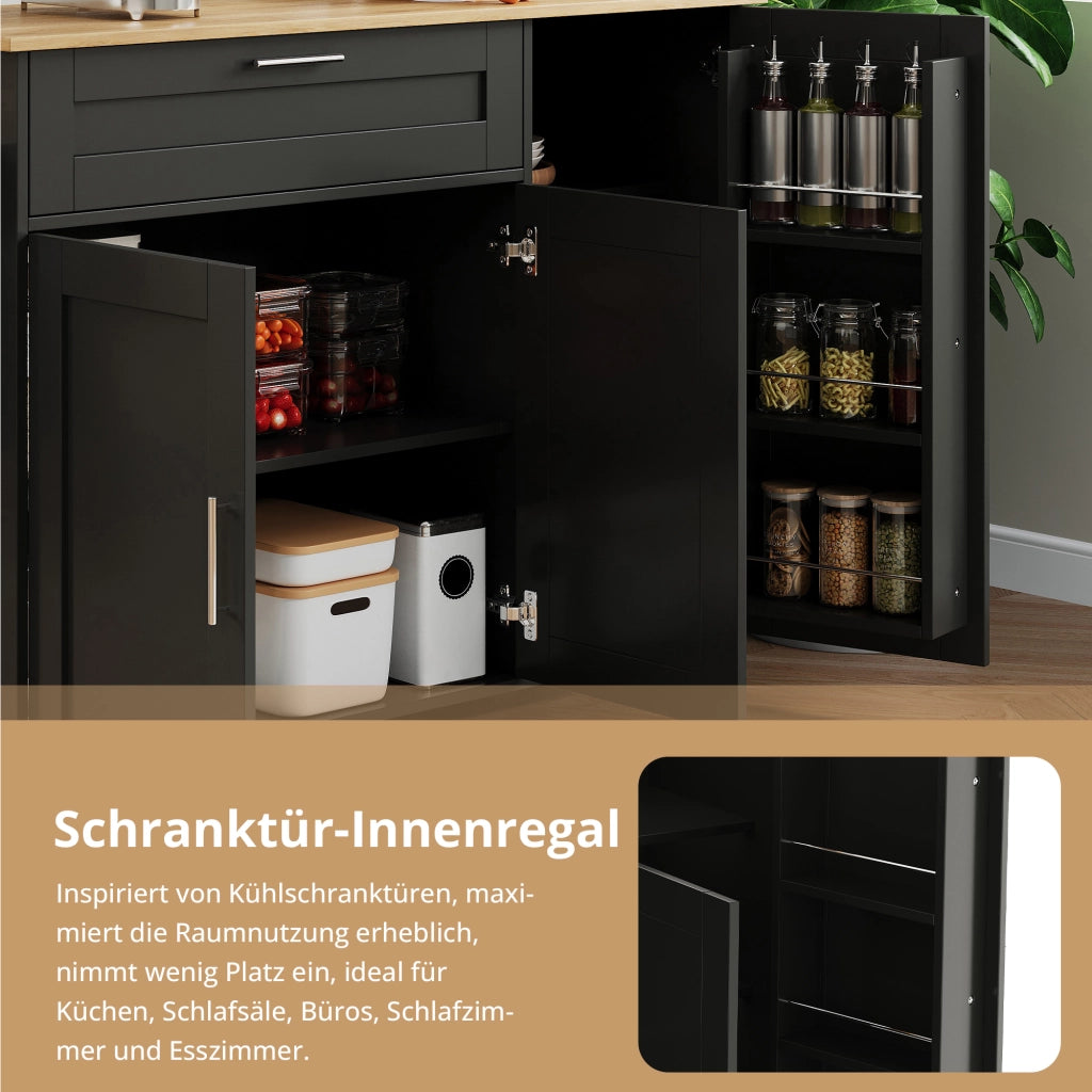 Carrello da Cucina con 2 Ante; 1 Cassetto; Ripiani Regolabili e Portasciugamani; in MDF; Nero e Naturale; 132;5 x 44 x 90 cm