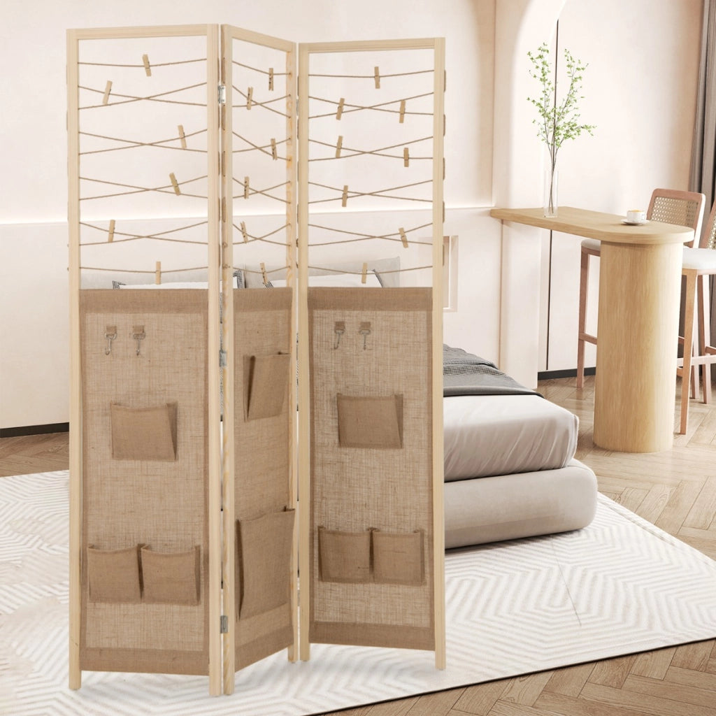 Espositore pieghevole con 8 tasche corde di iuta in bamb¨´-Paravento-Divisorio a 3 pannelli separatore di spazio in legno boho per casa Naturale