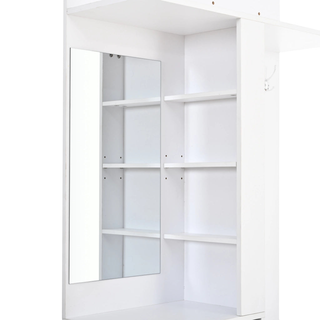 Garderobiera salvaspazio bianca 90x30x180 cm con specchio, 2 cassetti, appendiabiti, scarpiera estraibile e ripiani