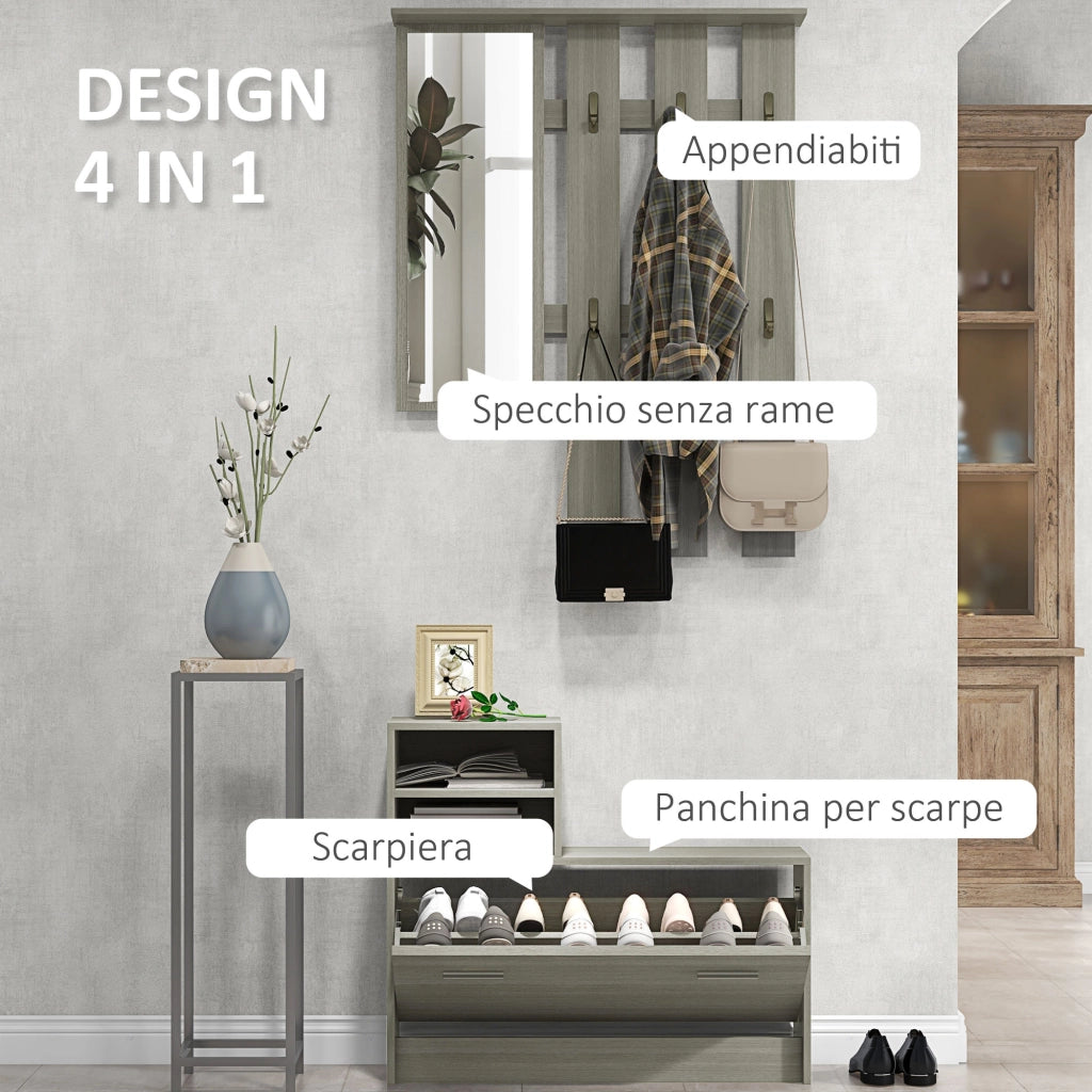 Set Mobili da Ingresso con Appendiabiti, Specchio, Panca con Scaffale e Scarpiera per 8 Paia di Scarpe, Grigio