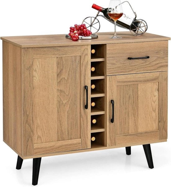 Credenza per cucina - vino per 6 bottiglie - cassettone con porte e cassetto - mobile per soggiorno - sala da pranzo - mensole regolabili - 90 x 40 x 79 cm - naturale