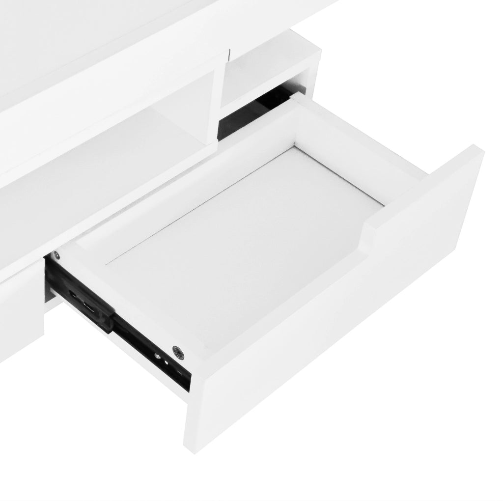 Tavolino da caffè moderno 80x50x36 cm bianco lucido con LED e 4 cassetti