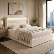 Letto contenitore imbottito 160x200 cm con LED e telecomando, struttura in PU bianco, con rete ribaltabile