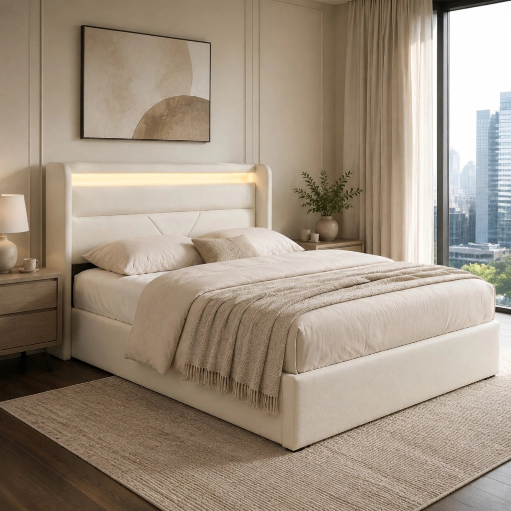 Letto contenitore imbottito 160x200 cm con LED e telecomando, struttura in PU bianco, con rete ribaltabile
