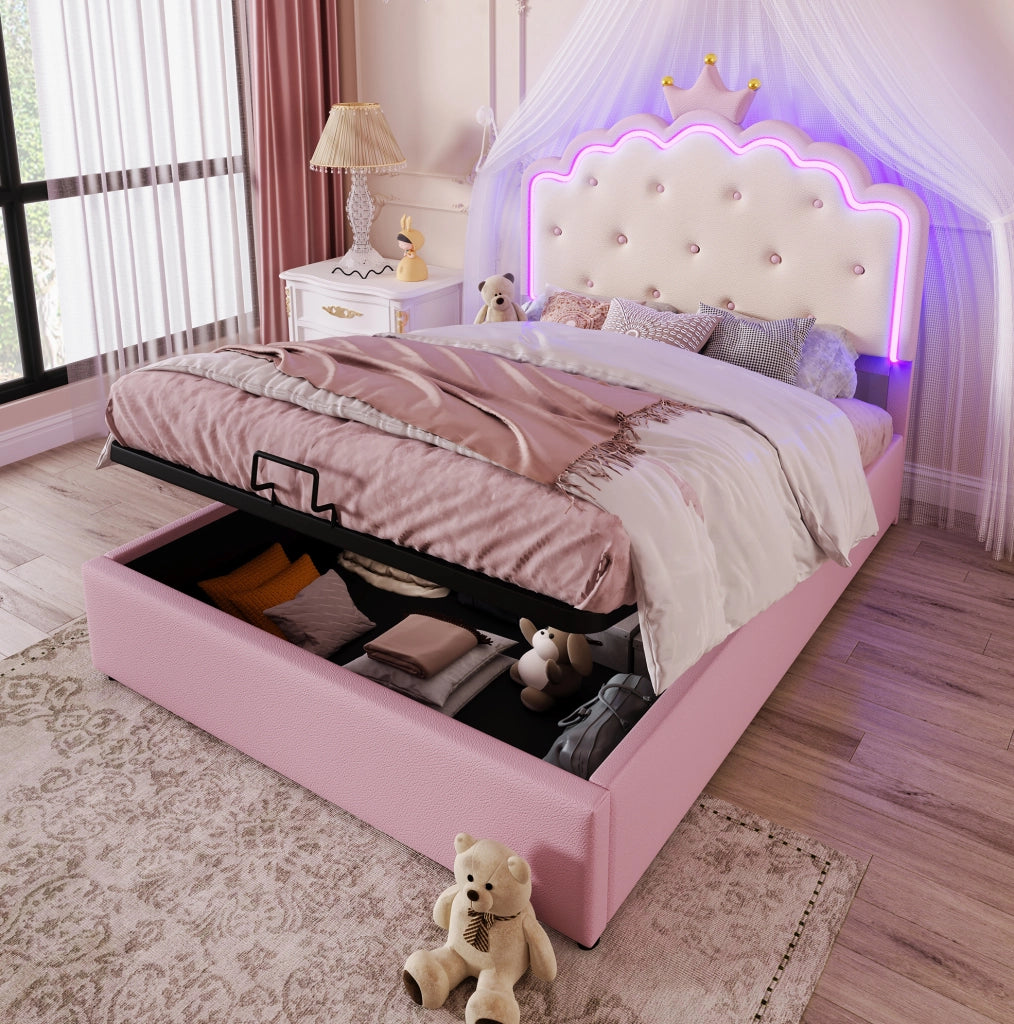 Letto per bambini rosa 140x200 cm con testiera a corona, LED e vano idraulico