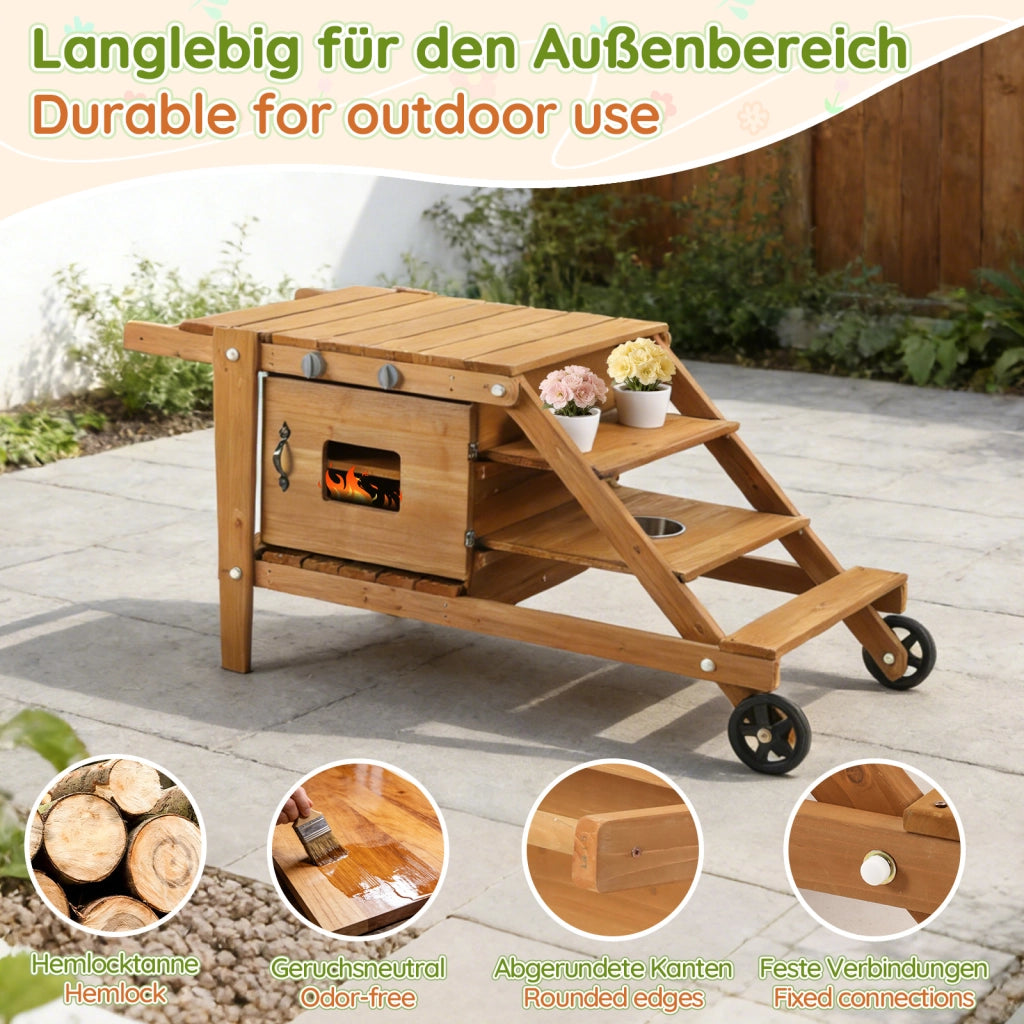 Cucina da gioco da esterno in legno naturale con ruote, forno magnetico e accessori per bambini da 3 anni