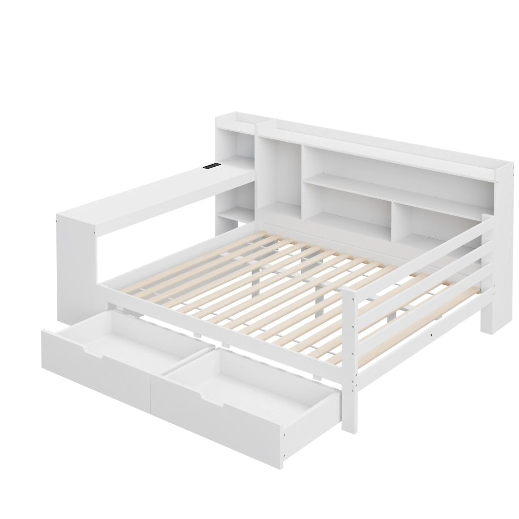 Letto a Divanetto 140x200 cm; Letto Matrimoniale con Scrivania; Mensole; USB e Cassetti; in Legno; Bianco