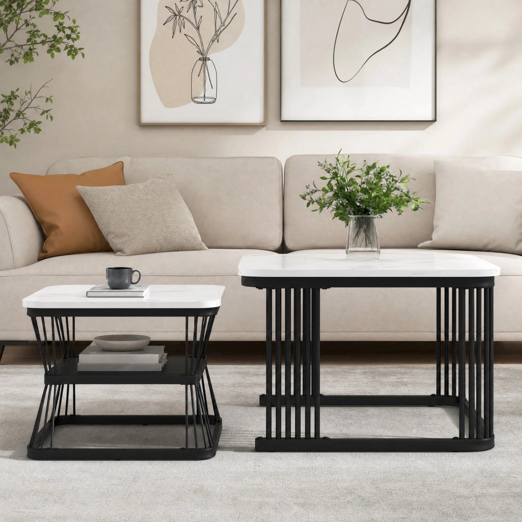 Set di 2 tavolini moderni bianchi con effetto marmo