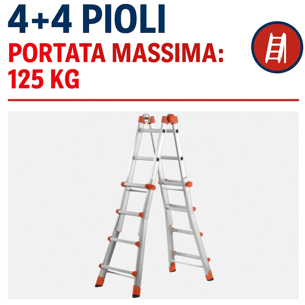 Scala multifunzione telescopica 4 + 4 in alluminio en131-4 d.lgs. 81/08