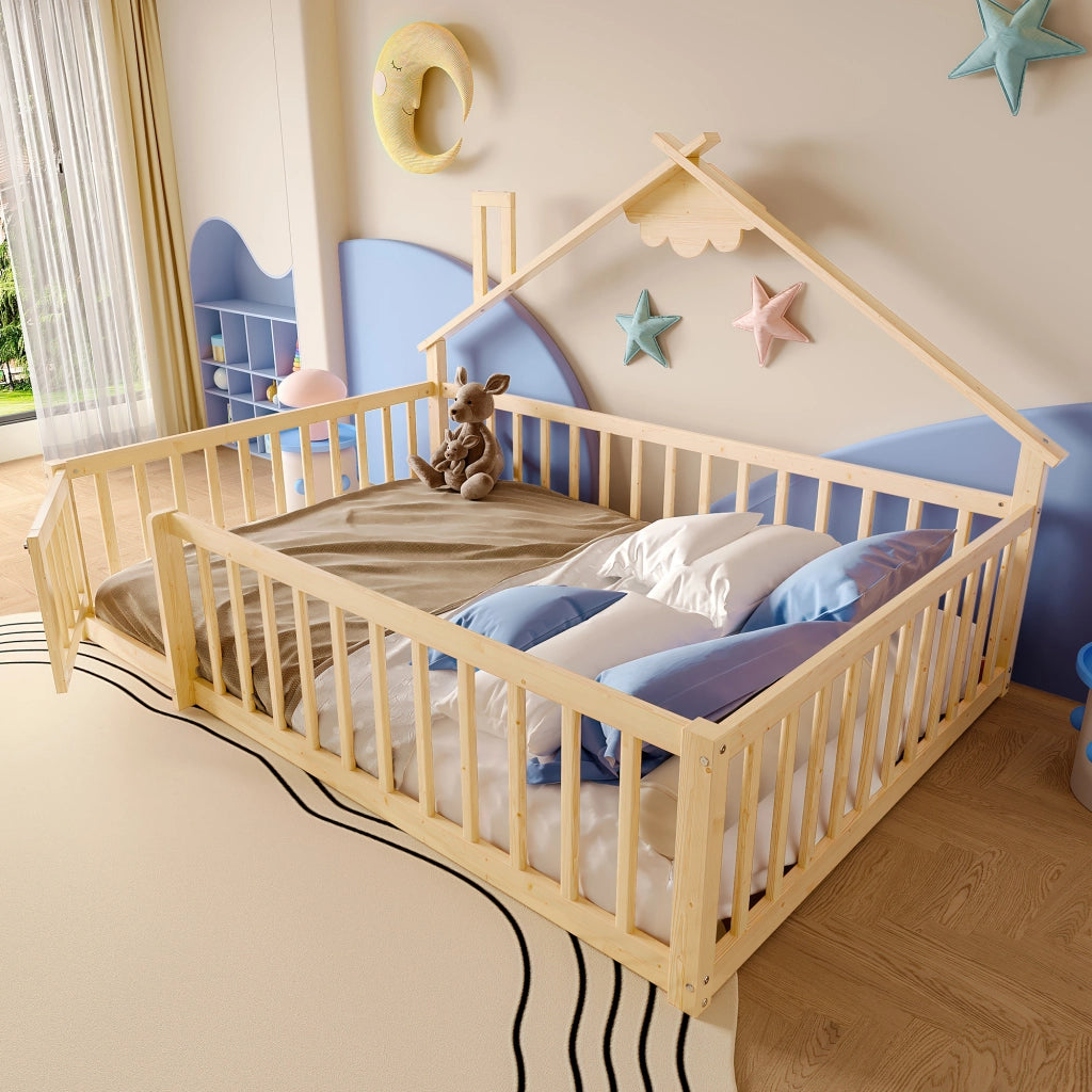 Letto singolo per bambini - Zephmum- 140x190 cm, pino naturale, sponda con serratura