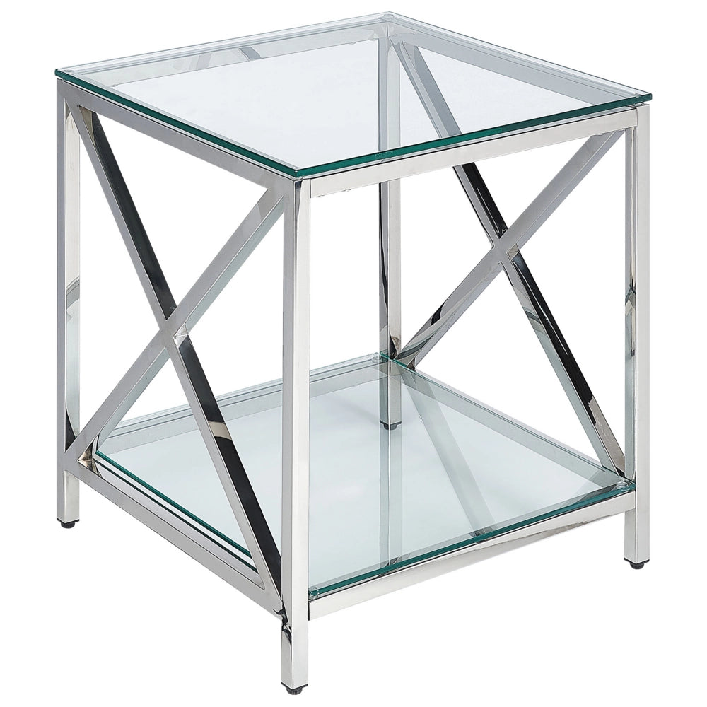 Tavolino in vetro temperato e acciaio argentato e trasparente 45 x 45 cm stile moderno soggiorno