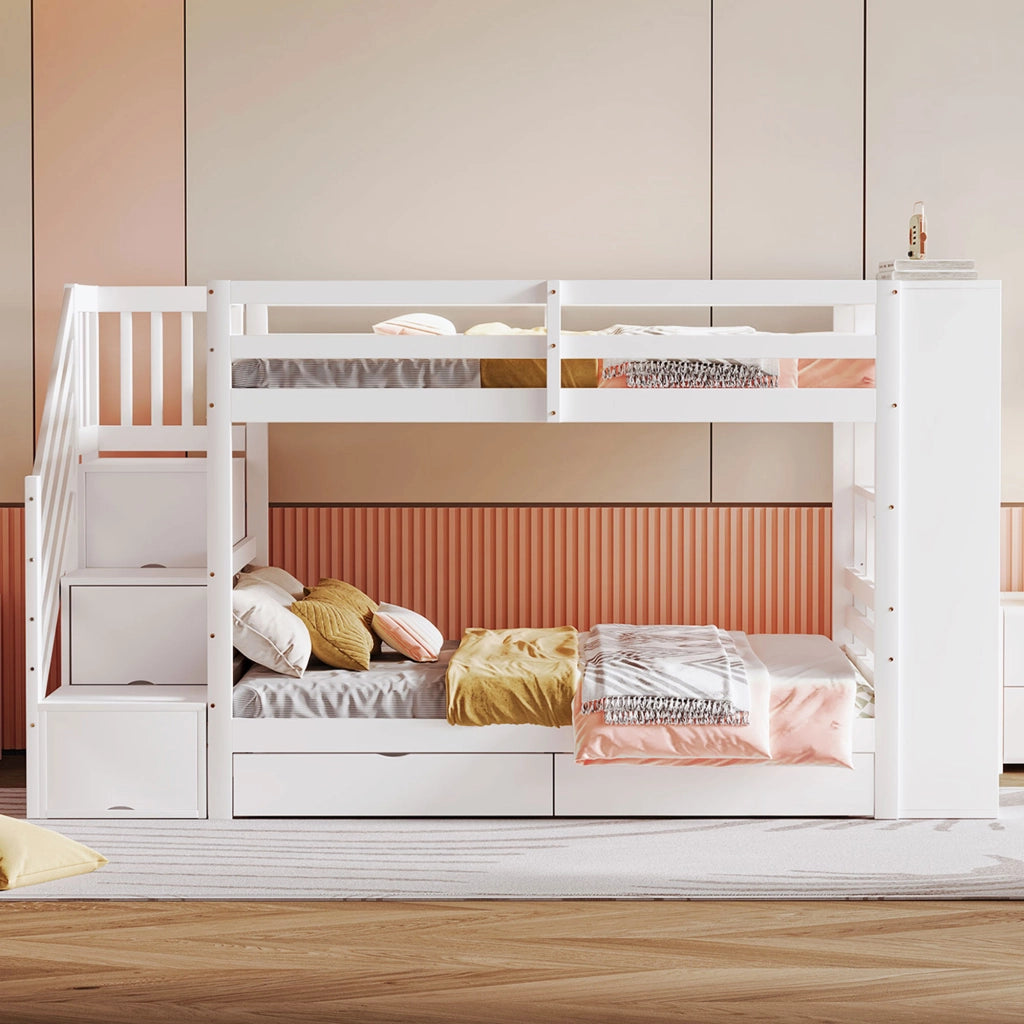 Letto a castello 90x200 cm - Zephmum - Bianco - Con scala di sicurezza, cassetti e ripiani