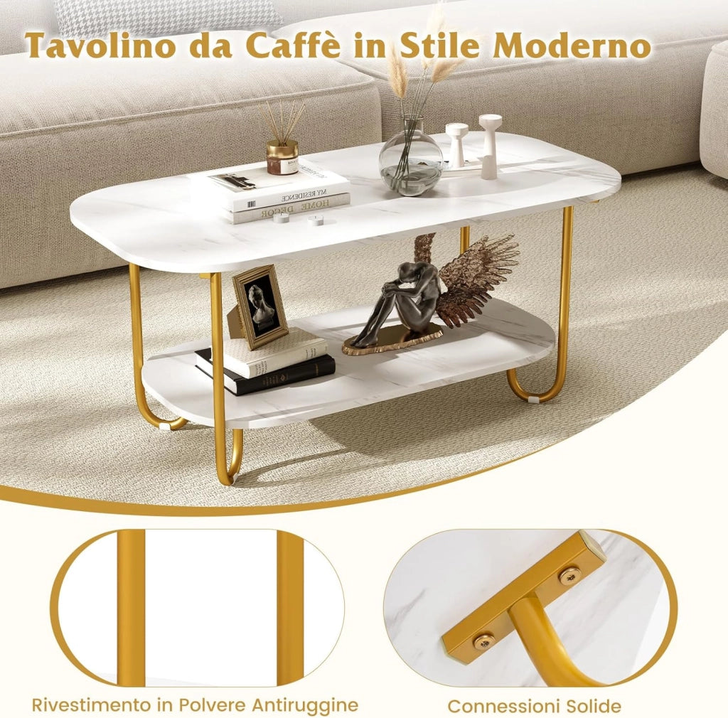 Tavolino da Caffè per Salotto a 2 Livelli, Tavolino Basso Rettangolo con Piano Effetto Marmo, Tavolino da Divano Moderno per Soggiorno,100 x 50 x 45 cm, Bianco e Oro