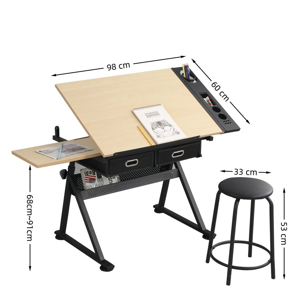 Scrivania Regolabile con 2 Cassetti e Sgabello ¨C Xylo ¨C Legno Acero, Ufficio e Studio