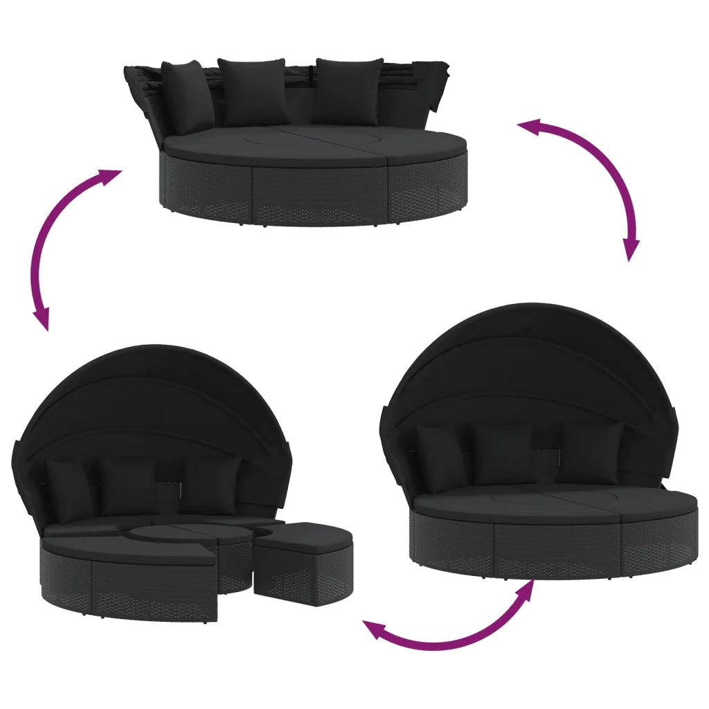vidaXL Lettino Prendisole Esterno Tetto e Cuscini Nero in Polyrattan