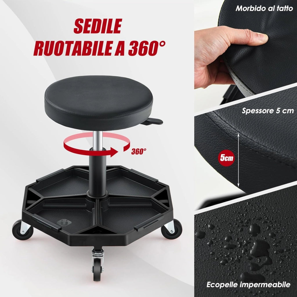 COSTWAY Sgabello da Officina con Ruote, con Ripiano per Attrezzi e Viti, Portata di 150 kg, Altezza Regolabile e Girevole, Sedia Meccanico per Garage, Officina (Nero)