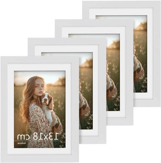 Fotolijst Set 13x18 cm - 4 Stuks - Beige Passepartout - Karton - Wit - Per Foto 10x15 cm