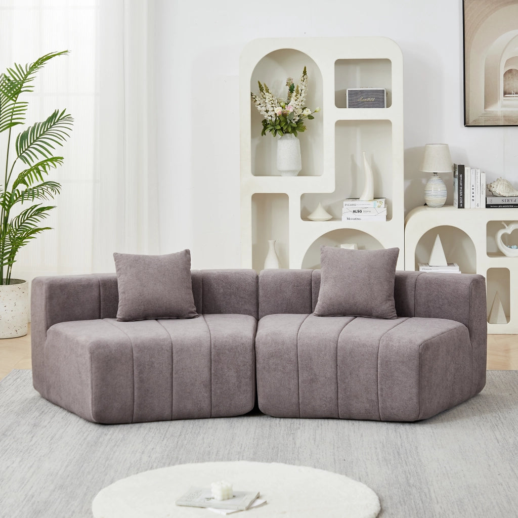 Modulo divano curvo modulare in chenille grigio con 2 cuscini, design a semicerchio