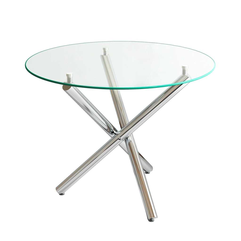 Tavolo da pranzo con piano in vetro temperato trasparente e gambe in metallo silver