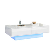 Tavolino da caffè 115x55x34 cm; LED integrata e 2 cassetti; finitura lucida; truciolare bianco