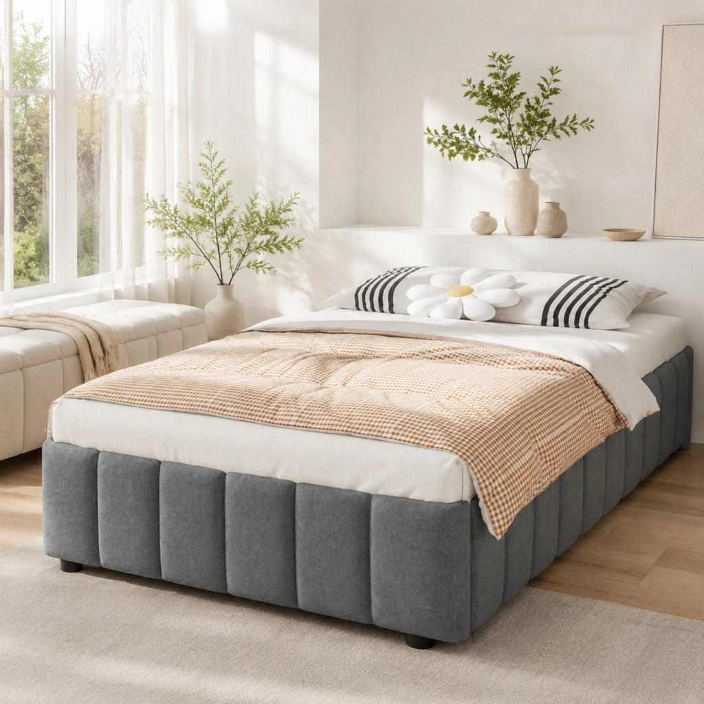 Letto imbottito 90x200 cm in lino con contenitore idraulico; senza testiera; grigio