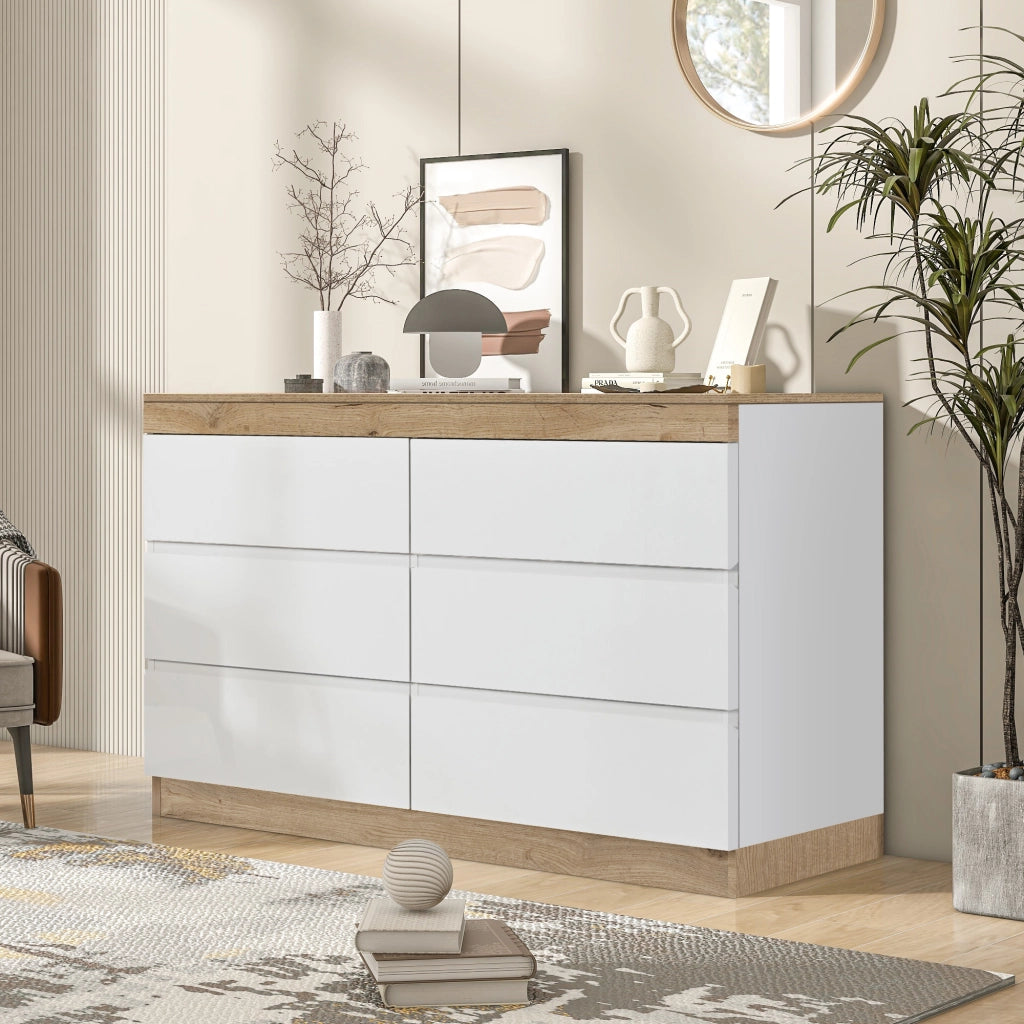 OKWISH Cassettiera con 6 Cassetti, Stile Classico, per Camera da Letto e Soggiorno, Pannello di Particelle, Bianco e Rovere
