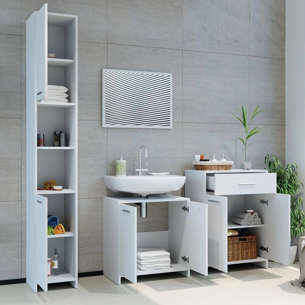 Set mobili bagno Kiko, Bianco, 58 cm, composto da mobile lavabo, pensile a specchio, colonna e base media