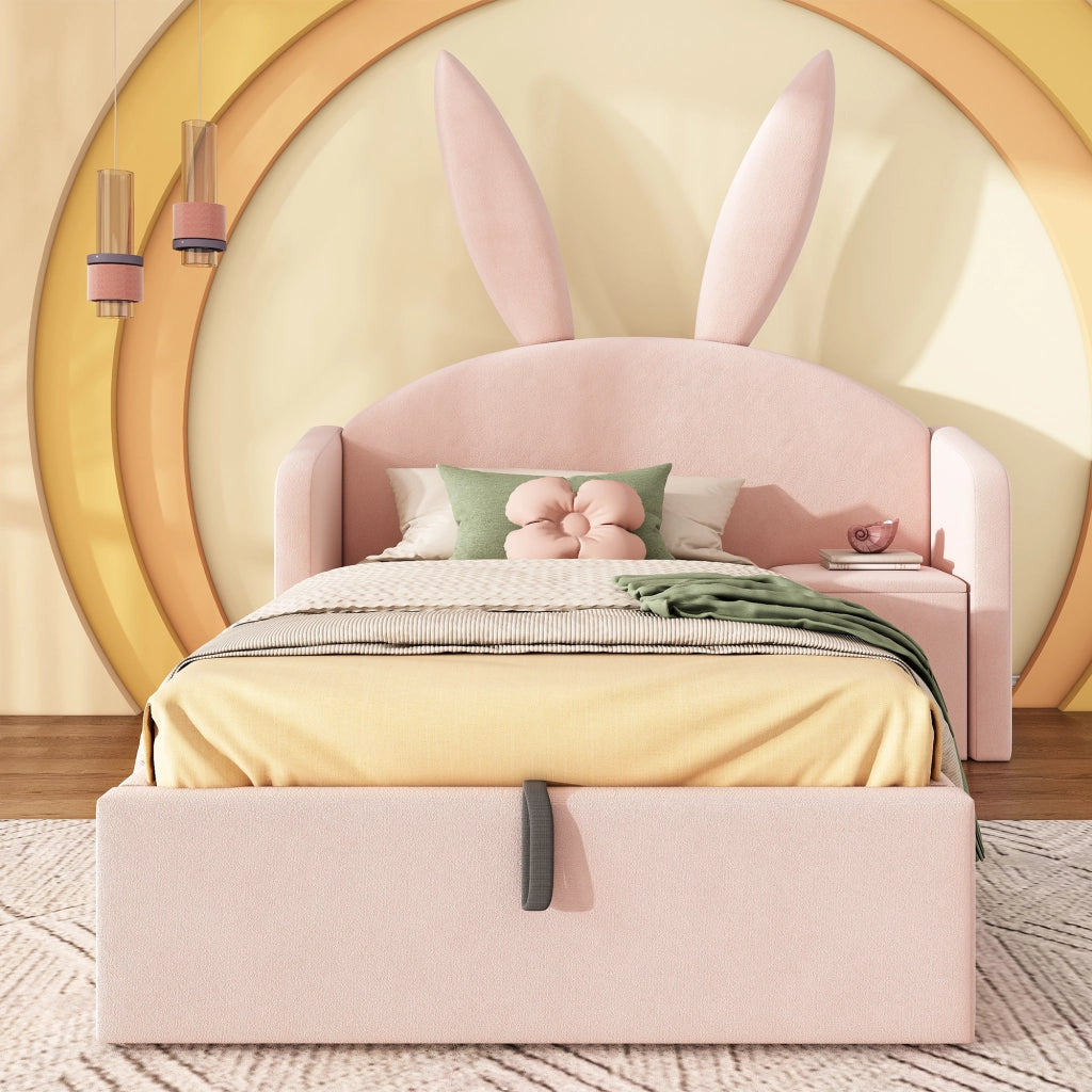 Letto per bambini 90 × 200 cm con testiera imbottita a orecchie di coniglio, contenitore laterale, senza materasso, rosa in velluto