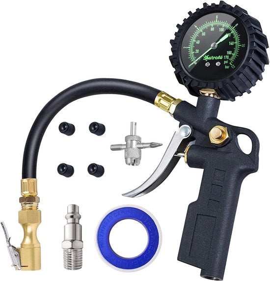 Pompa per gomme, manometro di pressione, rilevatore di pressione pneumatica 3 in 1 meccanico, 12 bar/170 psi, con set di chiavi per regolazione della pressione.