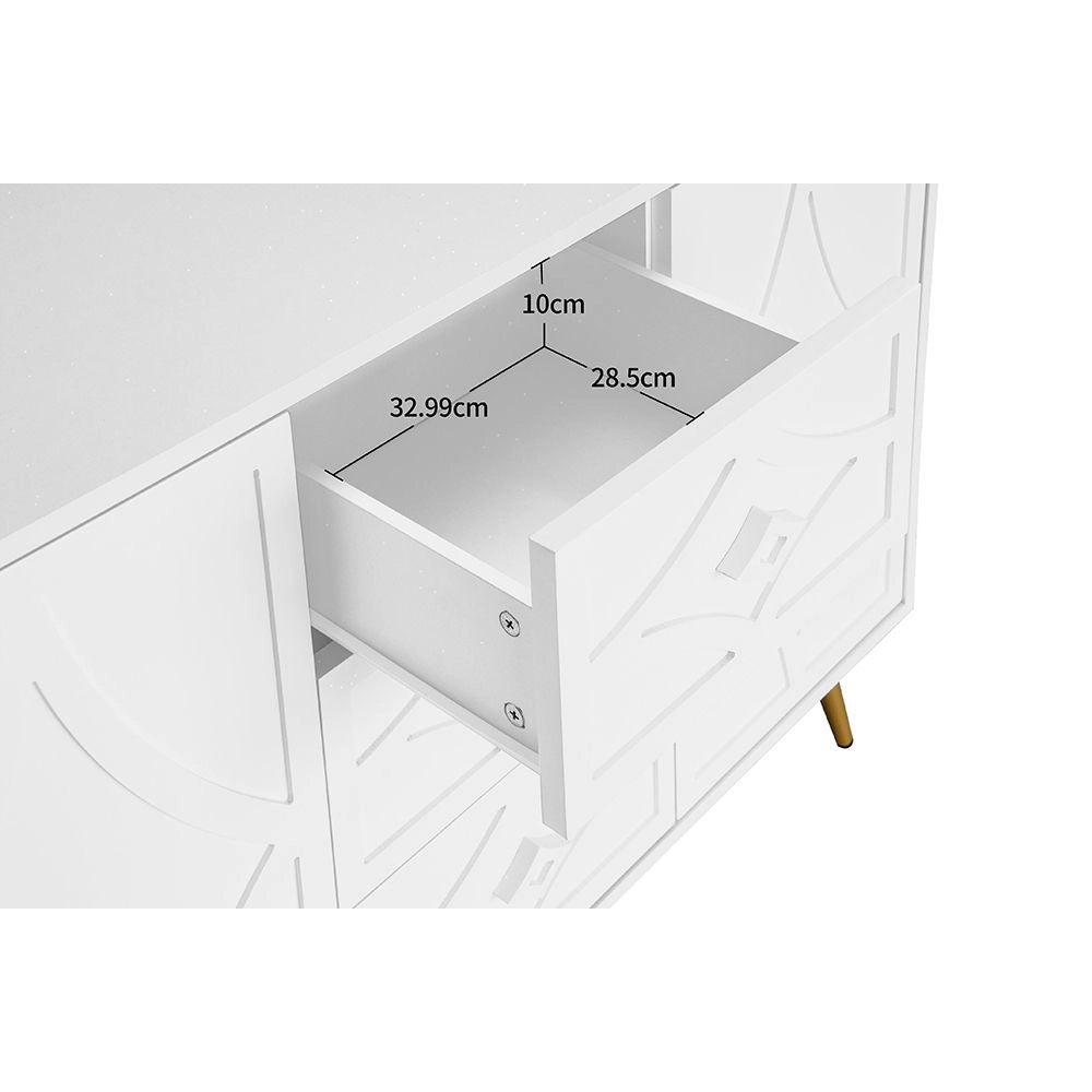 Com¨° elegante con motivo a losanga - Xylo - 120¡Á40¡Á80 cm - Bianco - 3 cassetti 2 ante piedi dorati