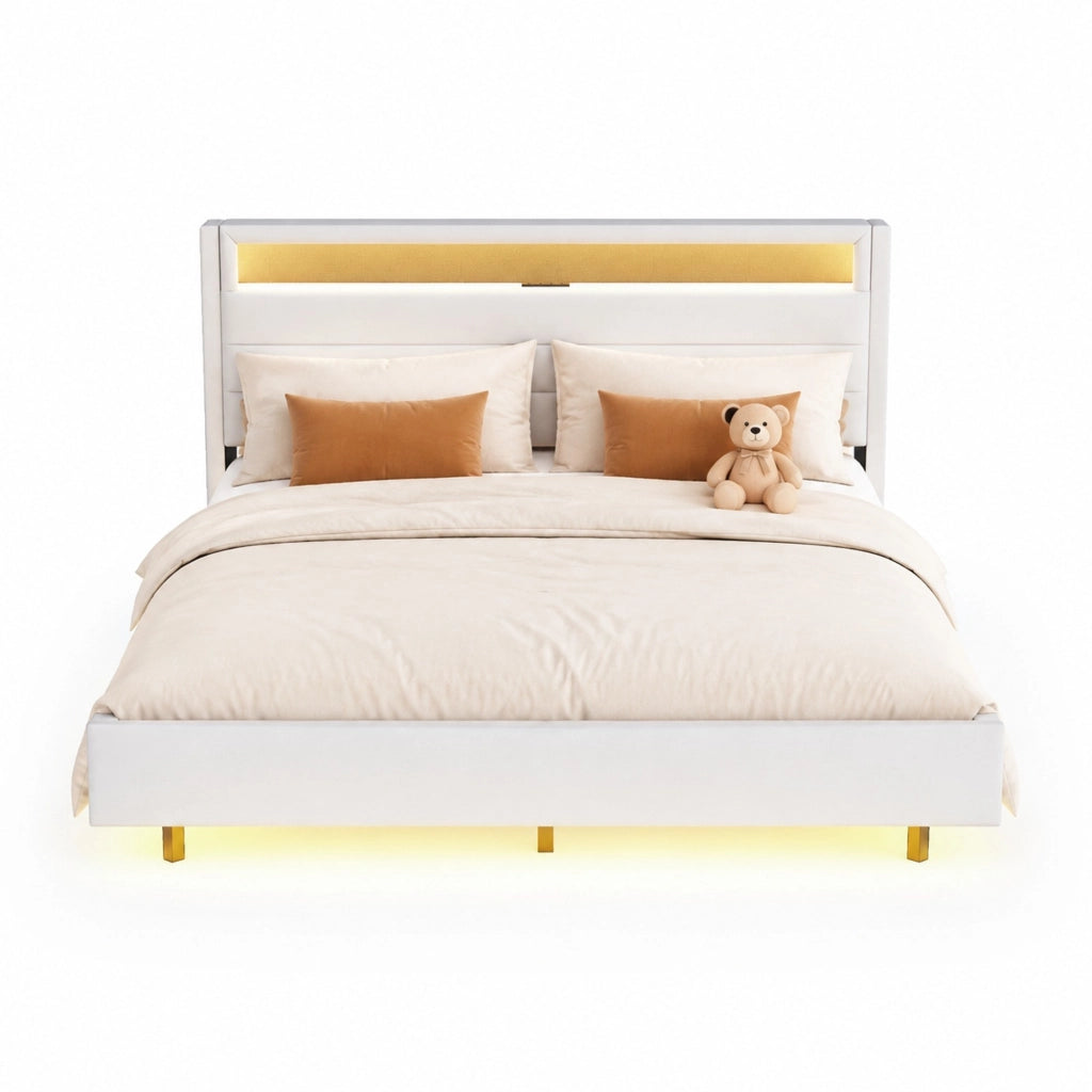 Letto imbottito matrimoniale 140x200 cm beige con USB; LED e testiera ribaltabile
