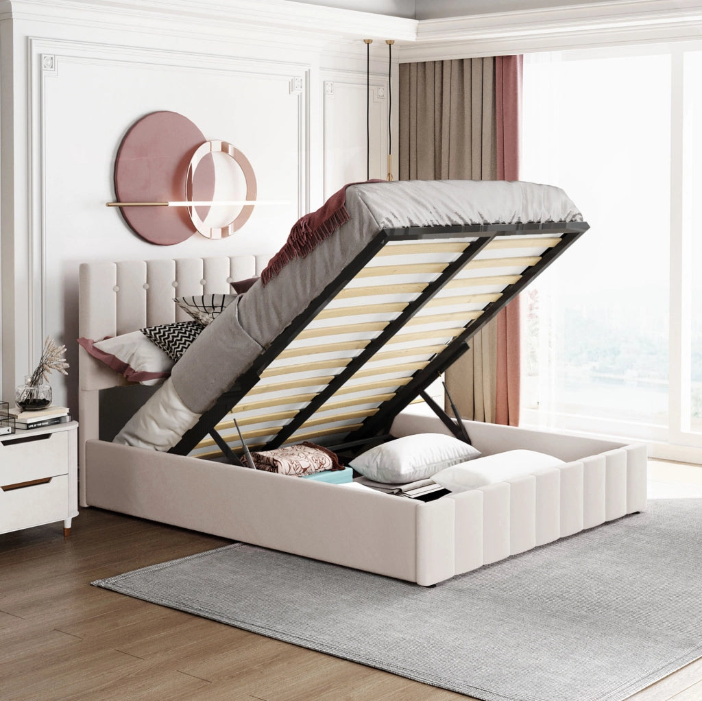 Letto imbottito 140x200 cm; contenitore idraulico; velluto; bianco crema (Senza materasso)