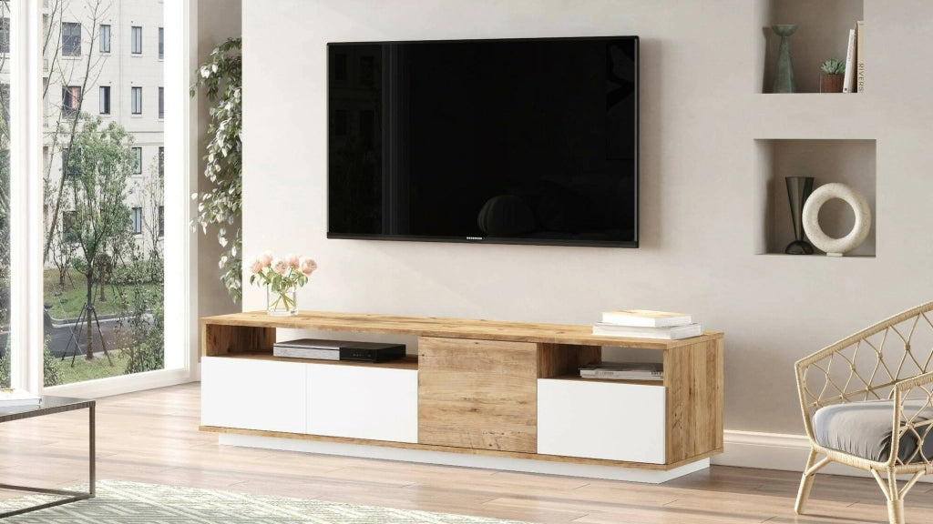 Mobile porta TV Axi, Credenza da soggiorno, Armadio basso per TV, Base parete attrezzata, 180x45h45 cm, Quercia e Bianco