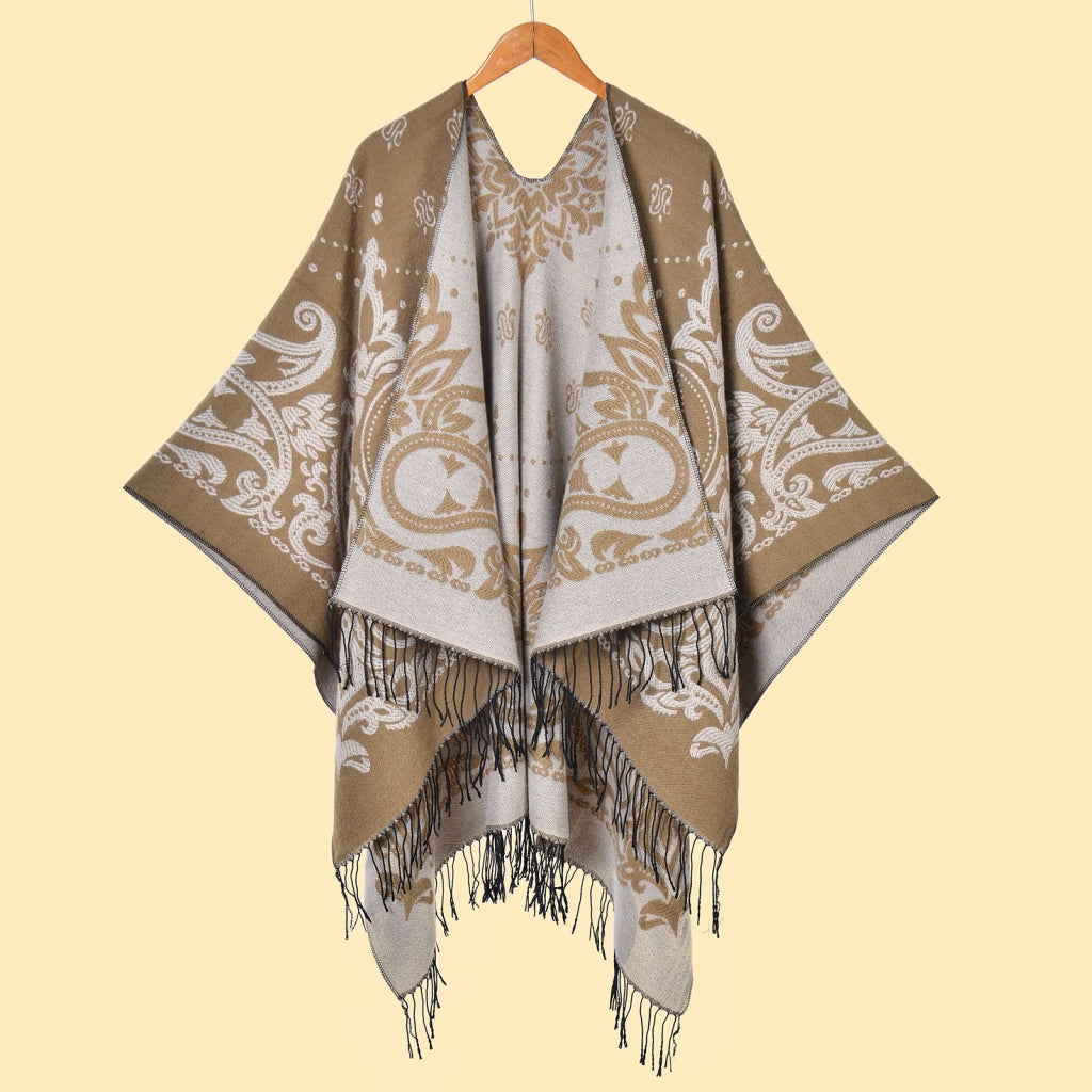 Sciarpa da donna Cashew con nappe e spacco, jacquard double face, spessa e calda.