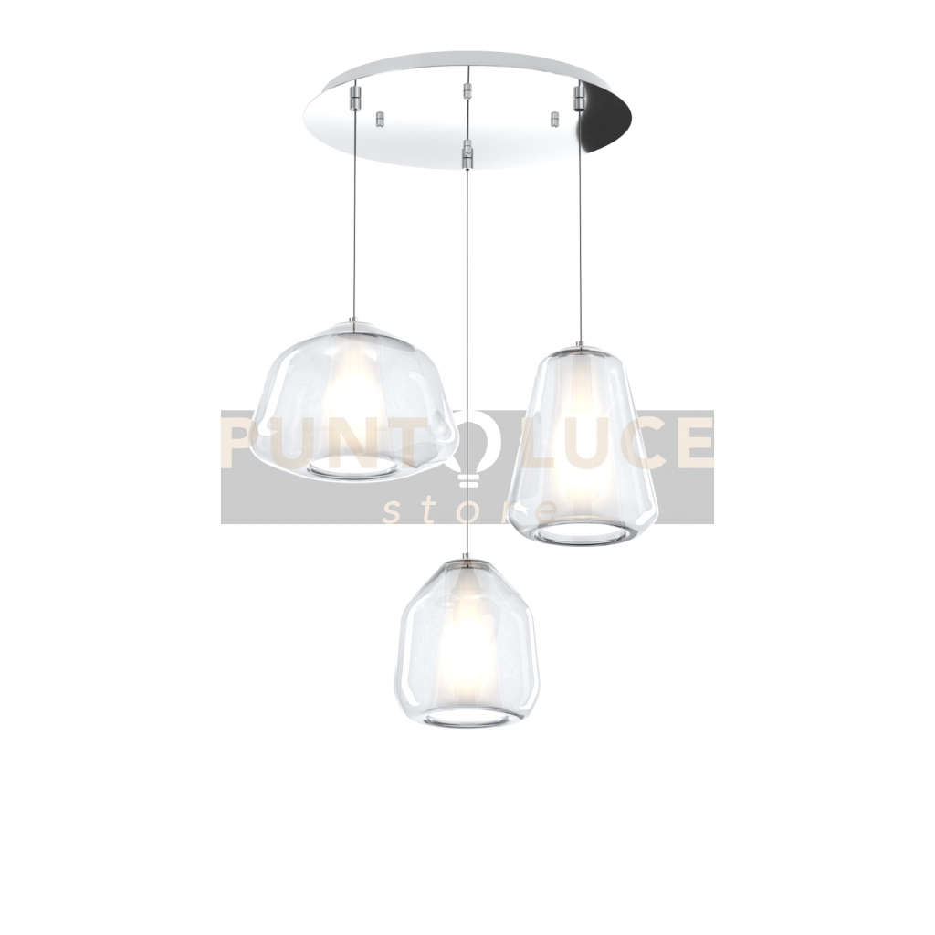 SOSPENSIONE CROMO 3 LUCI TONDA VETRI ALPHA + BETA + GAMMA TRASPARENTI 1176CR-S3 T ABG-TR