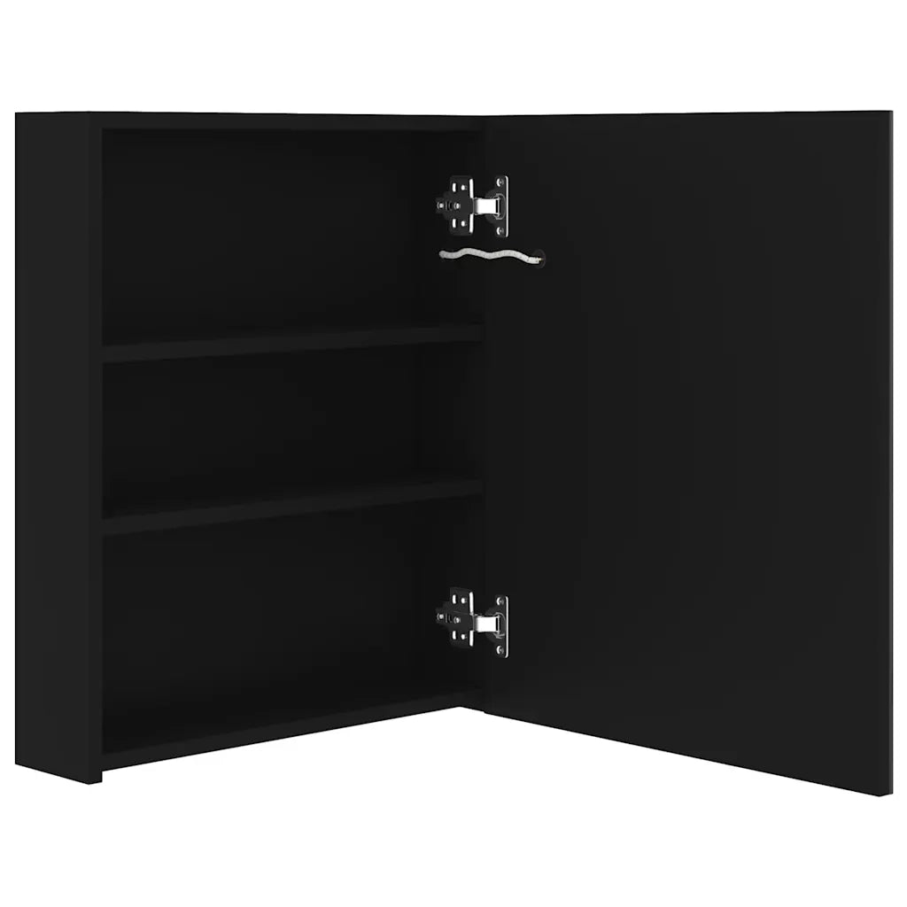Mobiletto da bagno a parete con specchio a LED 50 x 14 x 60 cm con illuminazione moderna e 3 ripiani in MDF nero 02_0046735