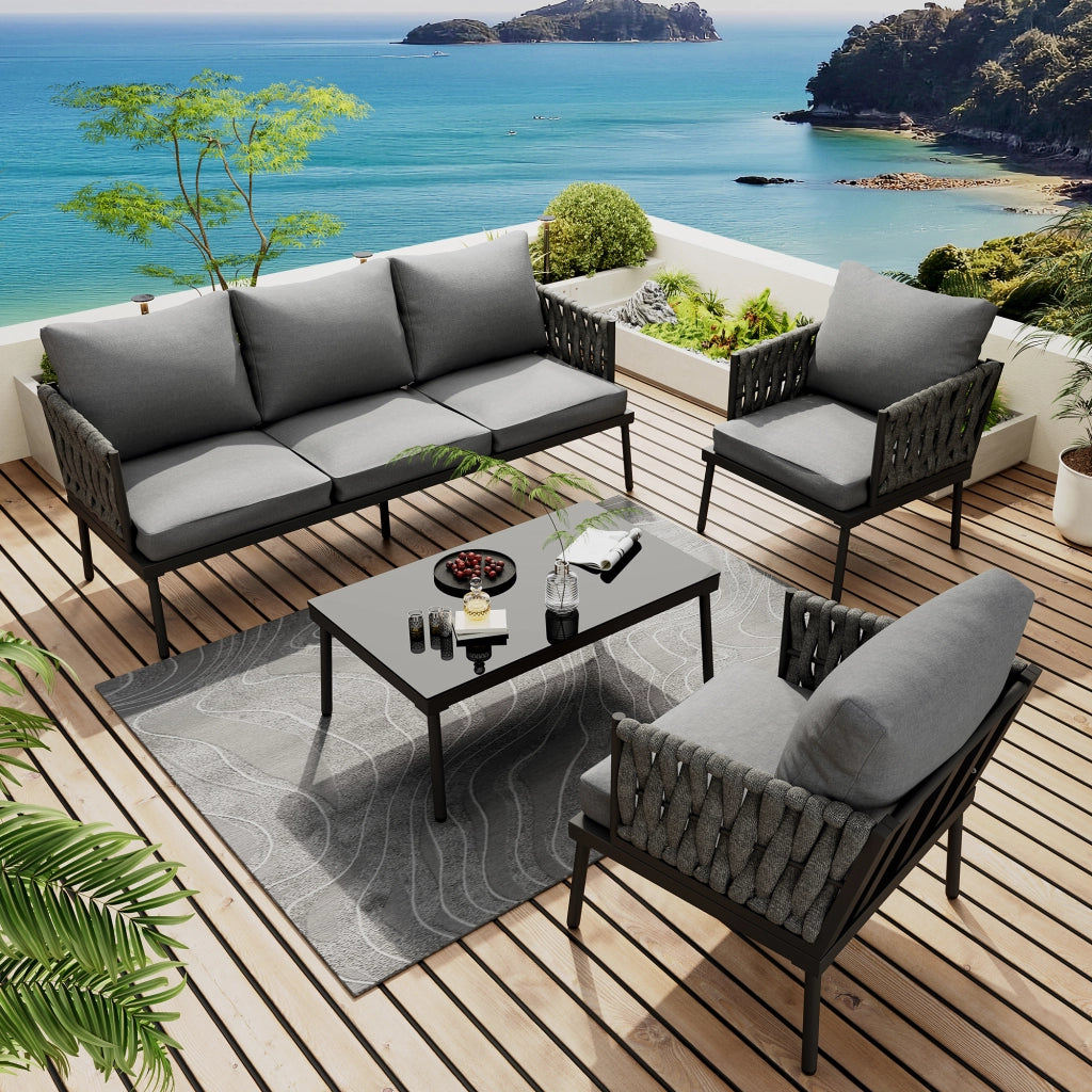 Set Divano da Giardino con Tavolo e Cuscini ¨C MINIMAL ¨C Polyrattan, Acciaio, Grigio
