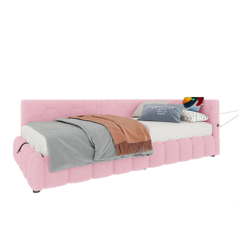 Letto giorno 90x200cm - Xylo - rosa, luci LED, USB-C, sollevamento