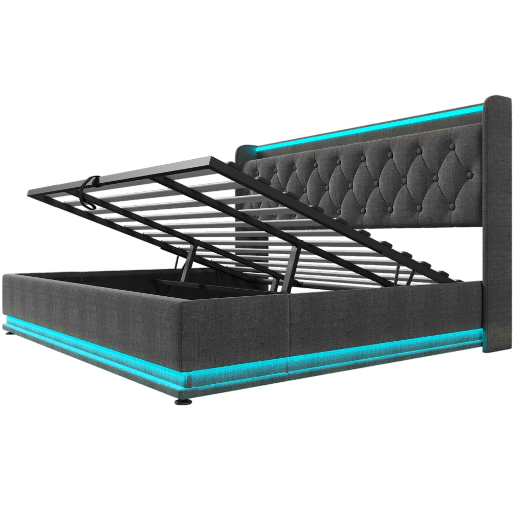 Letto imbottito 180x200 cm grigio in lino con LED; testiera con USB e vano contenitore idraulico