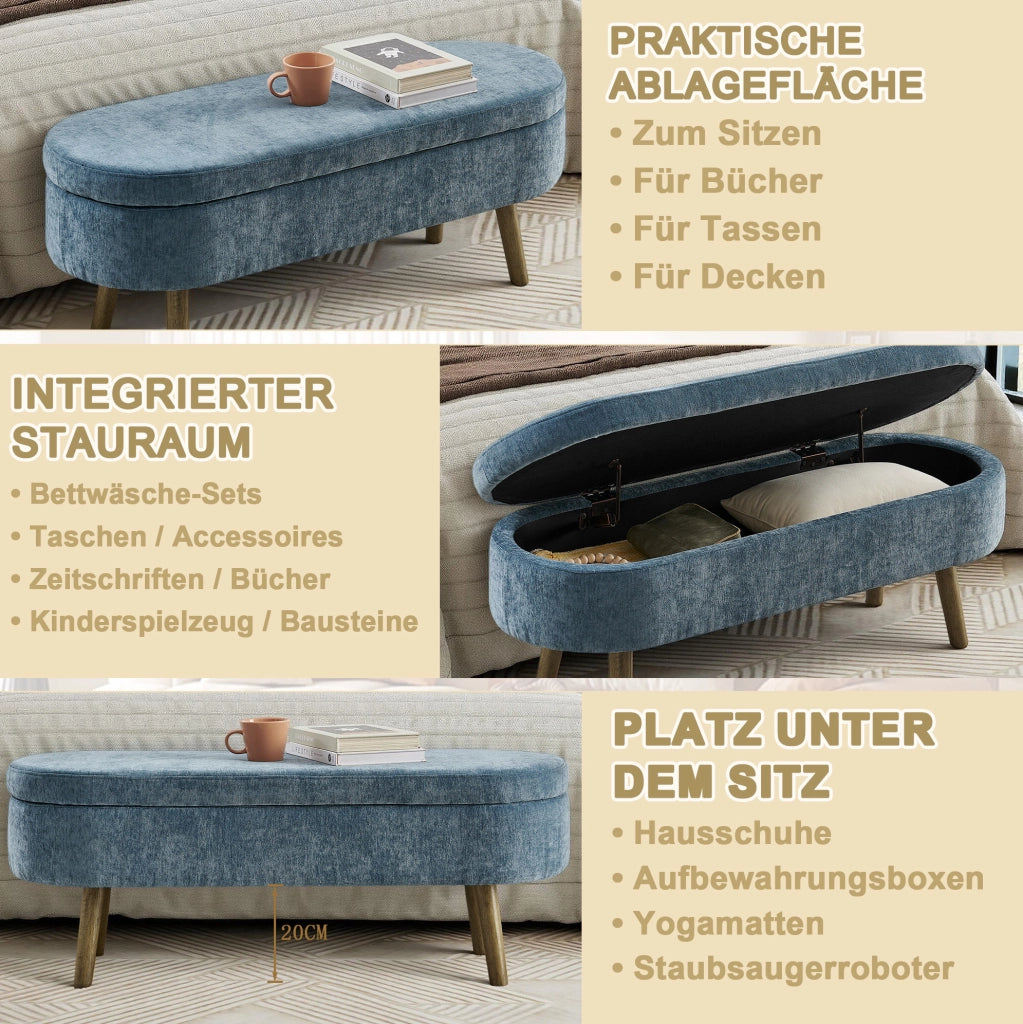 Panca contenitore ovale in ciniglia blu 110x40x42 cm